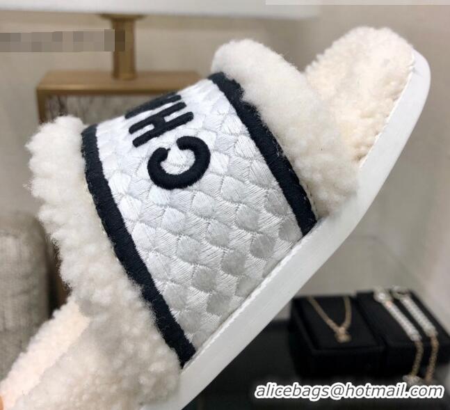 Super Quality Chanel Shearling Flat Slide Sandals White 082463