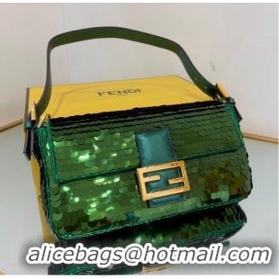 Top Quality Fendi FF Baguette Gold Metal Sequin Embroidery Bag 2017 Green