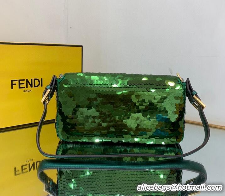 Top Quality Fendi FF Baguette Gold Metal Sequin Embroidery Bag 2017 Green