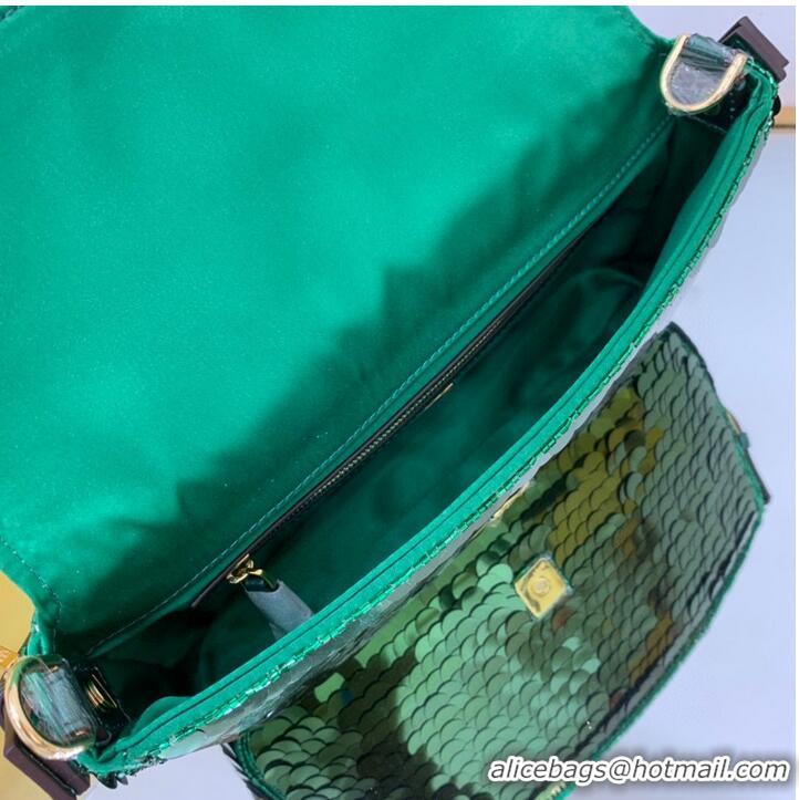 Top Quality Fendi FF Baguette Gold Metal Sequin Embroidery Bag 2017 Green