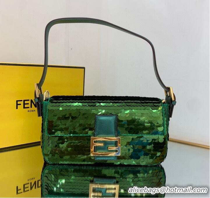 Top Quality Fendi FF Baguette Gold Metal Sequin Embroidery Bag 2017 Green