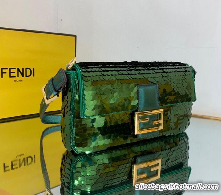 Top Quality Fendi FF Baguette Gold Metal Sequin Embroidery Bag 2017 Green