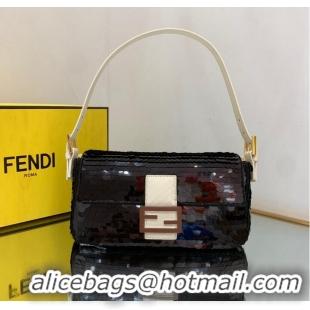 Promotional Fendi FF Baguette Gold Metal Sequin Embroidery Bag 2017 Black