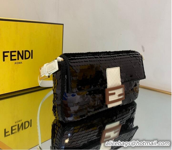 Promotional Fendi FF Baguette Gold Metal Sequin Embroidery Bag 2017 Black