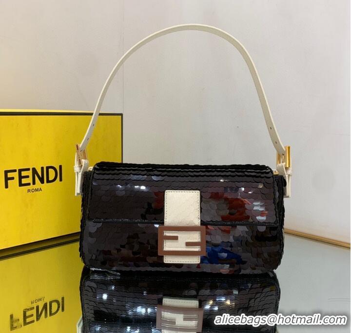 Promotional Fendi FF Baguette Gold Metal Sequin Embroidery Bag 2017 Black