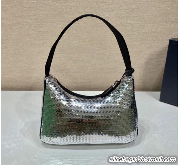 Top Quality Prada Re-Edition 2000 sequined Re-Nylon mini-bag 1BC515 silver