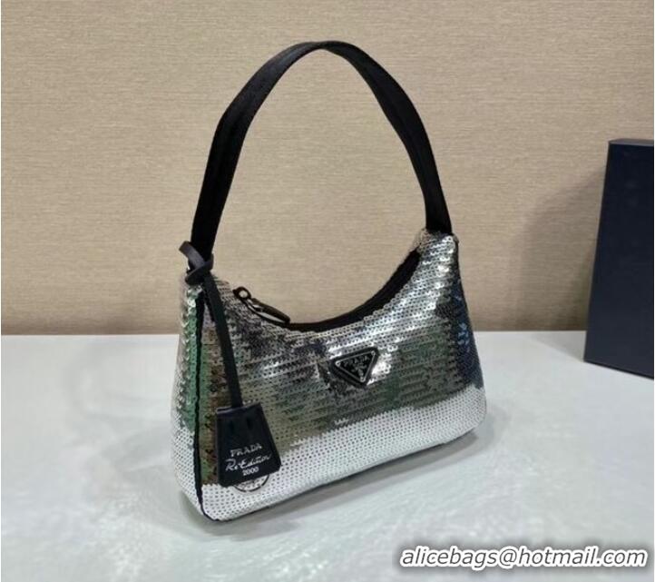 Top Quality Prada Re-Edition 2000 sequined Re-Nylon mini-bag 1BC515 silver