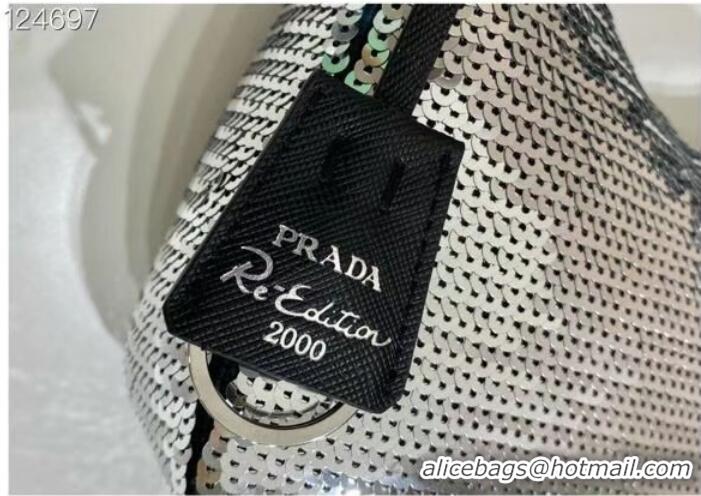 Top Quality Prada Re-Edition 2000 sequined Re-Nylon mini-bag 1BC515 silver