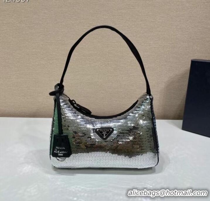 Top Quality Prada Re-Edition 2000 sequined Re-Nylon mini-bag 1BC515 silver