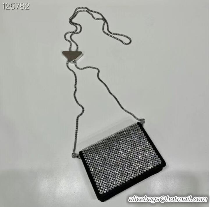 Top Quality Prada Crystal-studded card holder with shoulder strap 1MR024 black&white