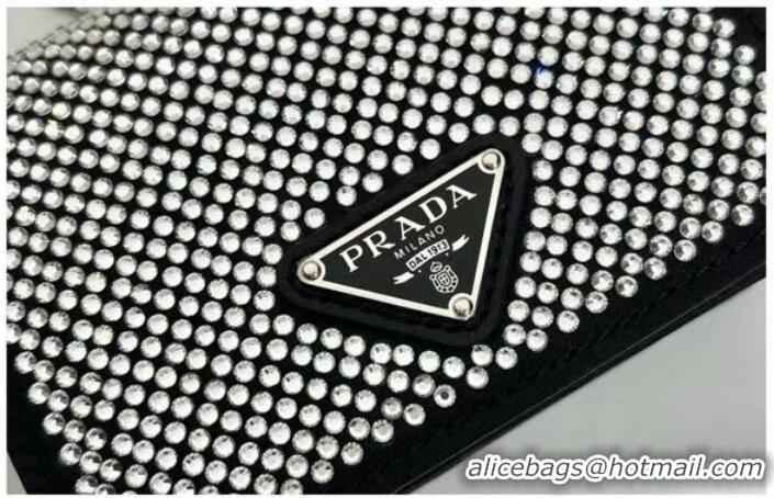 Top Quality Prada Crystal-studded card holder with shoulder strap 1MR024 black&white