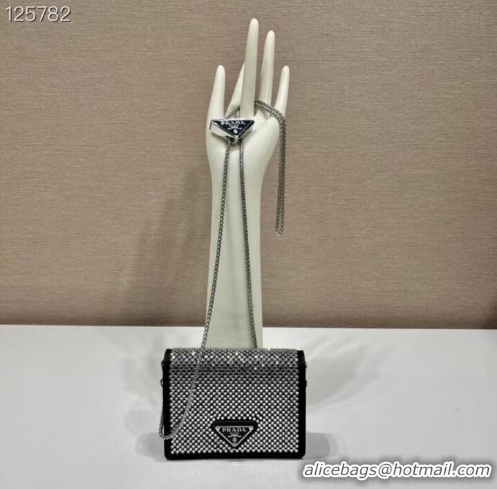 Top Quality Prada Crystal-studded card holder with shoulder strap 1MR024 black&white