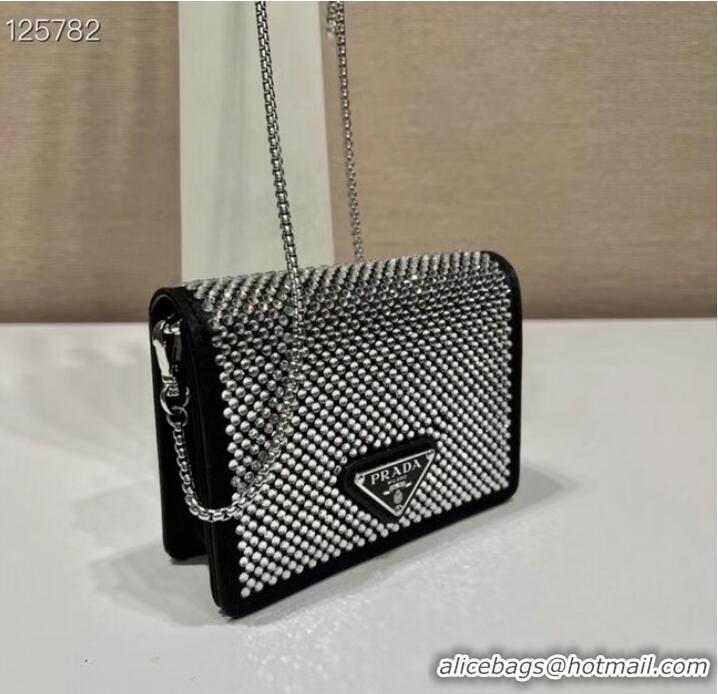 Top Quality Prada Crystal-studded card holder with shoulder strap 1MR024 black&white