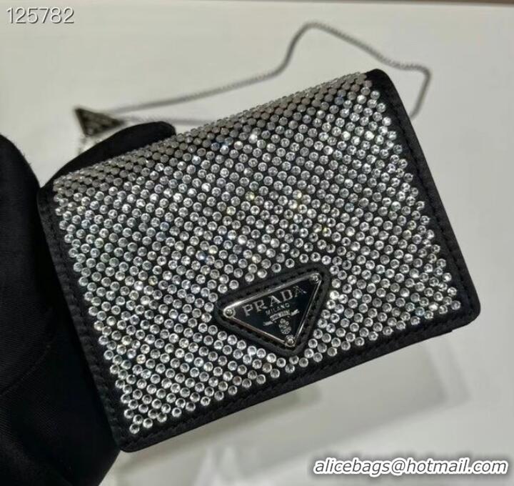 Top Quality Prada Crystal-studded card holder with shoulder strap 1MR024 black&white