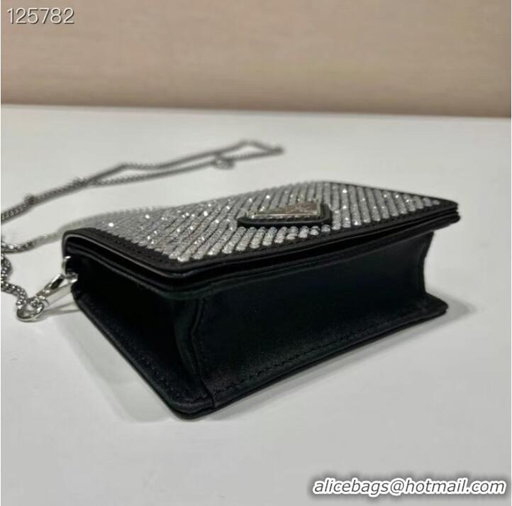 Top Quality Prada Crystal-studded card holder with shoulder strap 1MR024 black&white