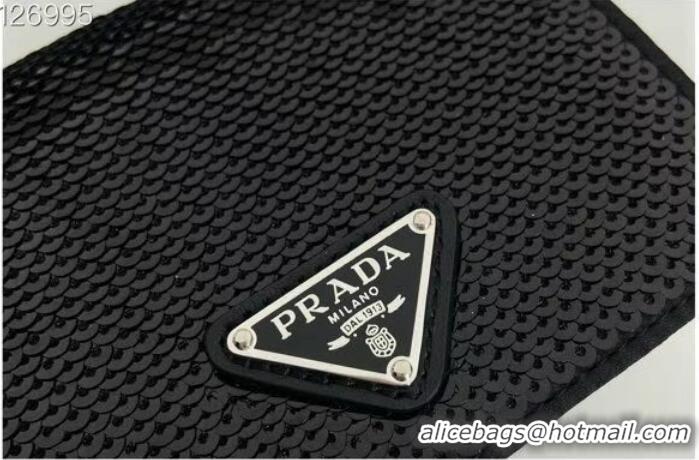 Super Quality Prada Crystal-studded card holder with shoulder strap 1MR024 black