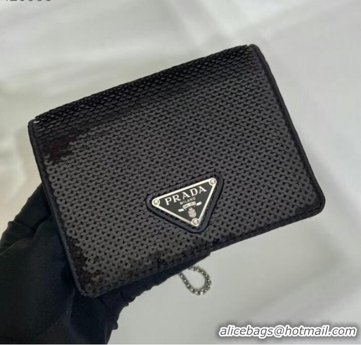 Super Quality Prada Crystal-studded card holder with shoulder strap 1MR024 black