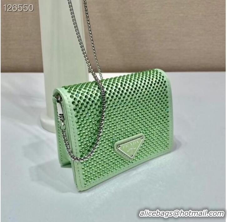 Promotional Prada Crystal-studded card holder with shoulder strap 1MR024 green