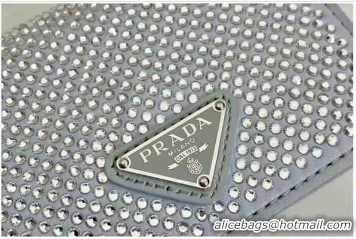 Reasonable Price Prada Crystal-studded card holder with shoulder strap 1MR024 silver