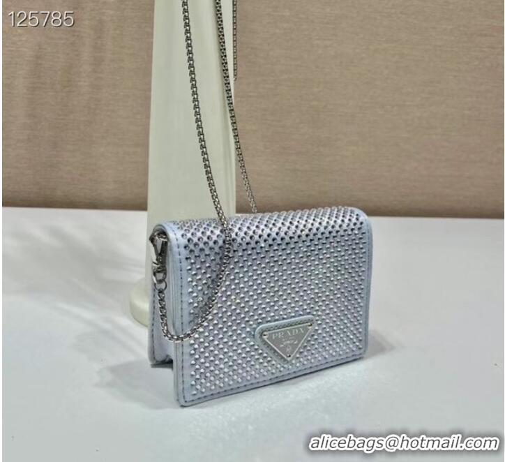 Reasonable Price Prada Crystal-studded card holder with shoulder strap 1MR024 silver