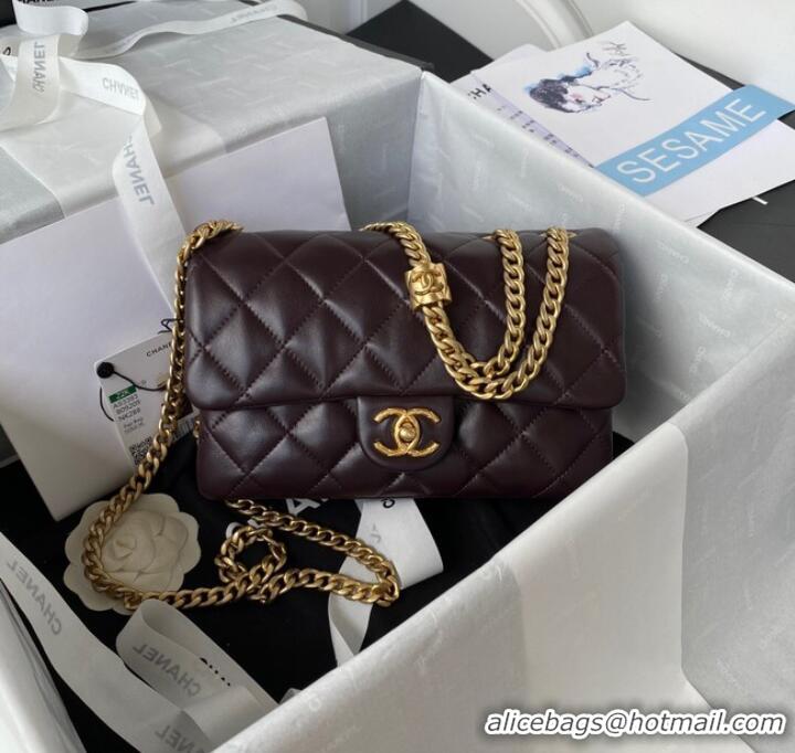 Famous Brand CHANEL SMALL FLAP BAG Lambskin & Gold-Tone Metal AS3393 Dark Brown