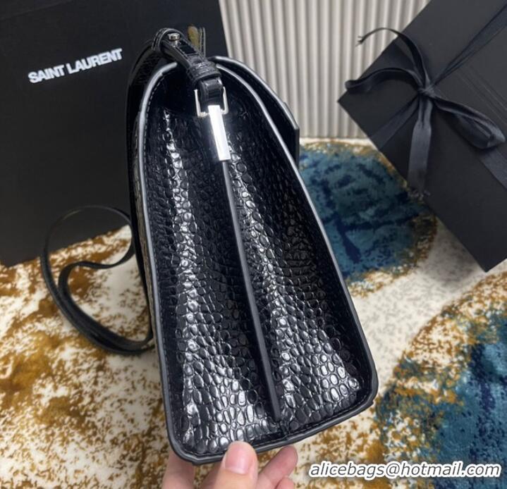 Grade Design SAINT LAURENT CASSANDRA MEDIUM TOP HANDLE BAG IN CROCODILE-EMBOSSED SHINY LEATHER 623931 BLACK