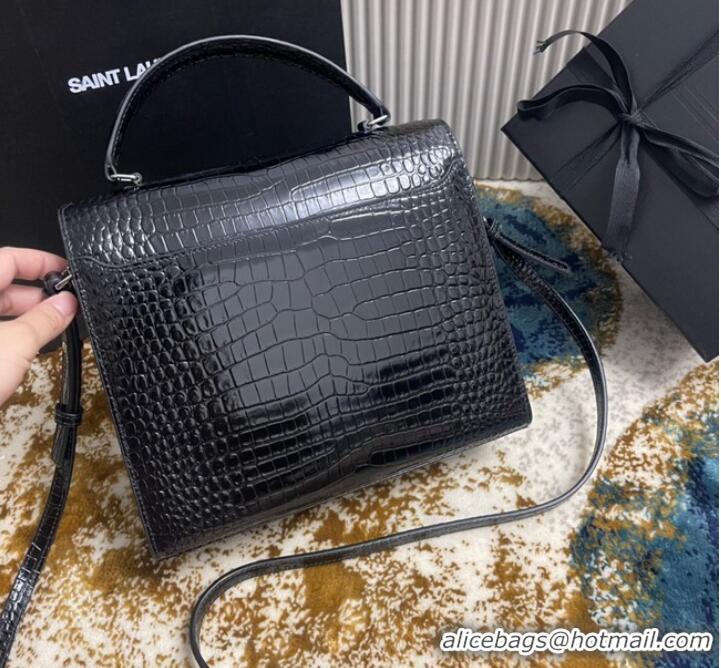 Grade Design SAINT LAURENT CASSANDRA MEDIUM TOP HANDLE BAG IN CROCODILE-EMBOSSED SHINY LEATHER 623931 BLACK