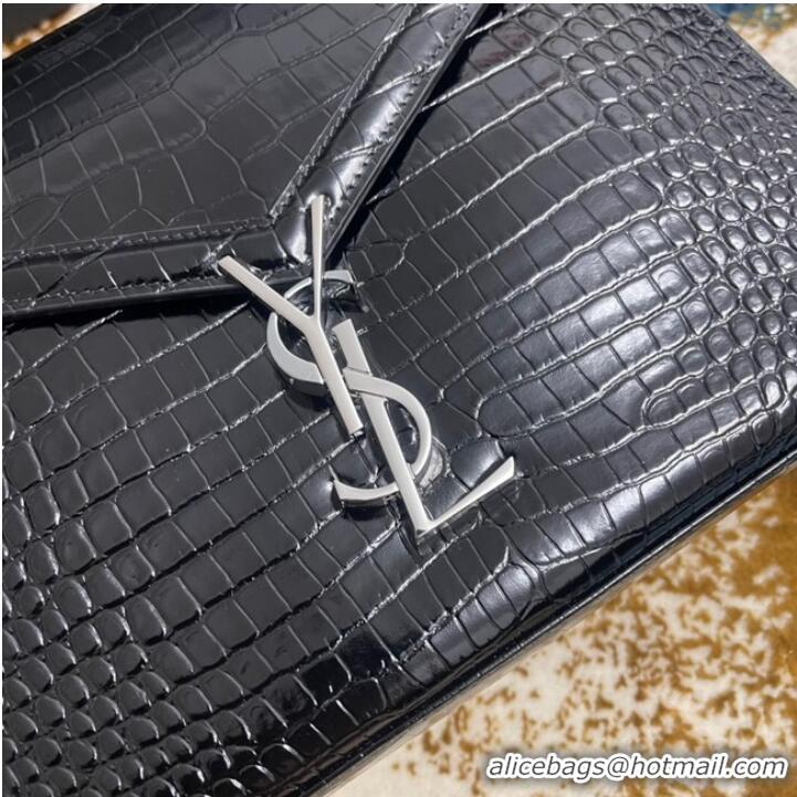 Grade Design SAINT LAURENT CASSANDRA MEDIUM TOP HANDLE BAG IN CROCODILE-EMBOSSED SHINY LEATHER 623931 BLACK