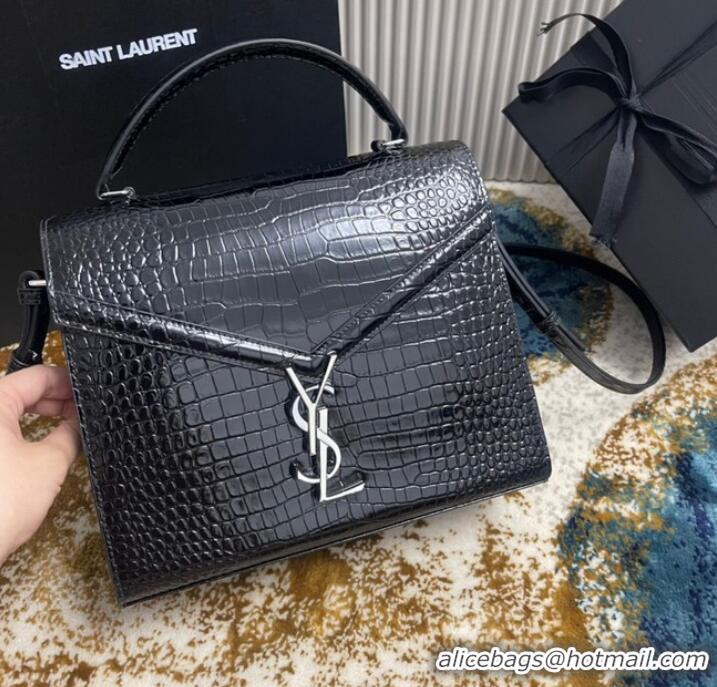 Grade Design SAINT LAURENT CASSANDRA MEDIUM TOP HANDLE BAG IN CROCODILE-EMBOSSED SHINY LEATHER 623931 BLACK