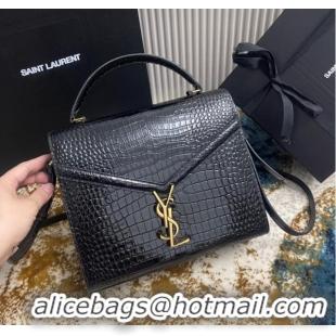 Inexpensive SAINT LAURENT CASSANDRA MEDIUM TOP HANDLE BAG IN CROCODILE-EMBOSSED SHINY LEATHER B623931 BLACK