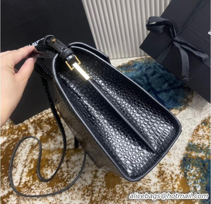 Inexpensive SAINT LAURENT CASSANDRA MEDIUM TOP HANDLE BAG IN CROCODILE-EMBOSSED SHINY LEATHER B623931 BLACK