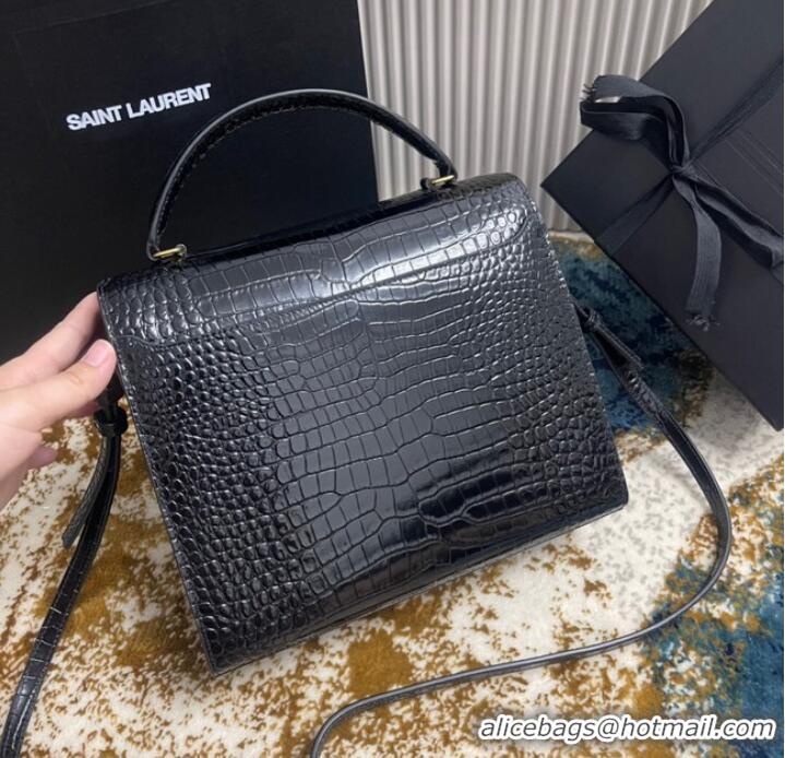 Inexpensive SAINT LAURENT CASSANDRA MEDIUM TOP HANDLE BAG IN CROCODILE-EMBOSSED SHINY LEATHER B623931 BLACK