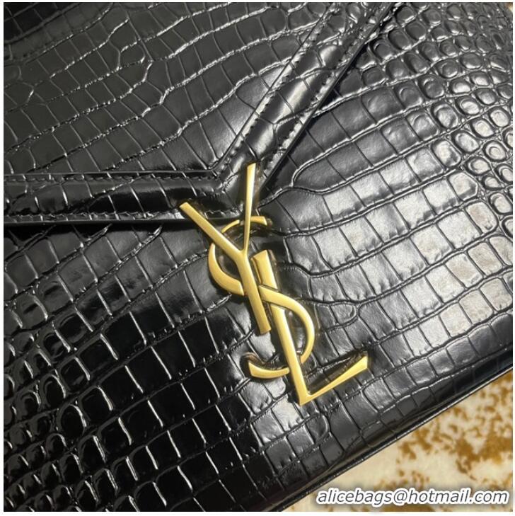 Inexpensive SAINT LAURENT CASSANDRA MEDIUM TOP HANDLE BAG IN CROCODILE-EMBOSSED SHINY LEATHER B623931 BLACK