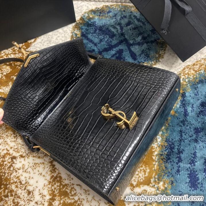 Inexpensive SAINT LAURENT CASSANDRA MEDIUM TOP HANDLE BAG IN CROCODILE-EMBOSSED SHINY LEATHER B623931 BLACK