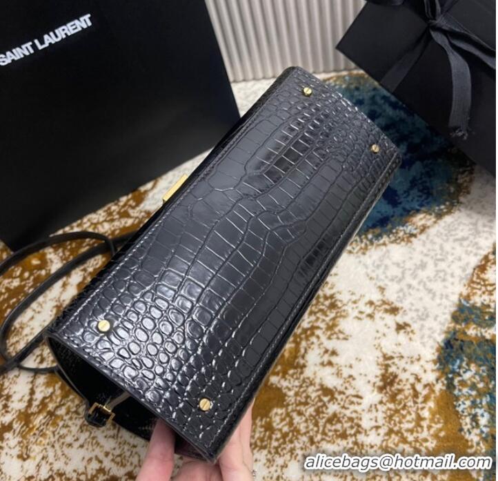 Inexpensive SAINT LAURENT CASSANDRA MEDIUM TOP HANDLE BAG IN CROCODILE-EMBOSSED SHINY LEATHER B623931 BLACK