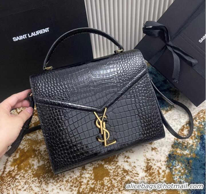 Inexpensive SAINT LAURENT CASSANDRA MEDIUM TOP HANDLE BAG IN CROCODILE-EMBOSSED SHINY LEATHER B623931 BLACK