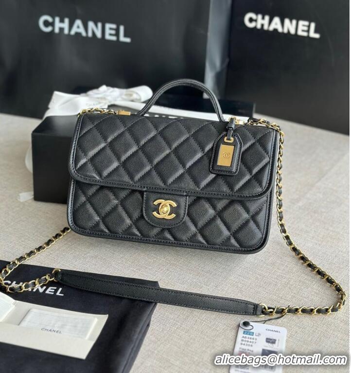 Top Quality Chanel SMALL FLAP BAG WITH TOP HANDLE Grained Calfskin AS3653 black