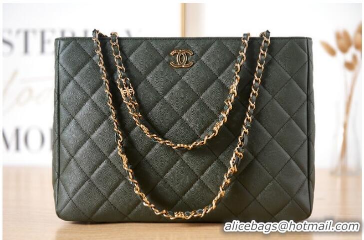 Good Product CHANEL Grained Calfskin & Gold-Tone Metal SHOPPING BAG AS3583 blackish green