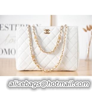 Good Product CHANEL Grained Calfskin & Gold-Tone Metal SHOPPING BAG AS3583 white