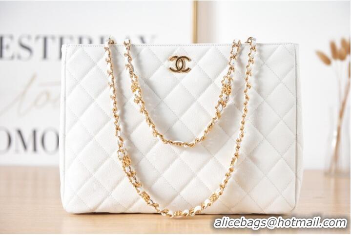 Good Product CHANEL Grained Calfskin & Gold-Tone Metal SHOPPING BAG AS3583 white