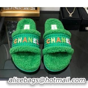 Stylish Chanel Shearling Flat Slide Sandals Green 082464