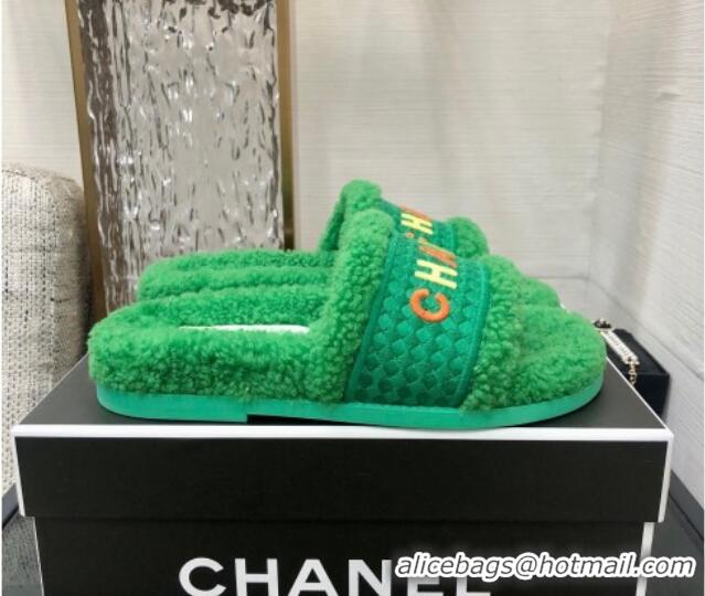 Stylish Chanel Shearling Flat Slide Sandals Green 082464