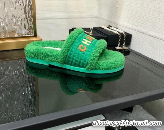 Stylish Chanel Shearling Flat Slide Sandals Green 082464