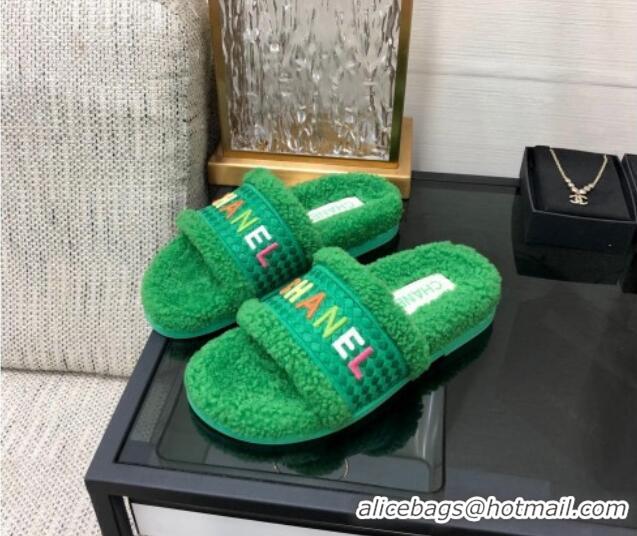 Stylish Chanel Shearling Flat Slide Sandals Green 082464