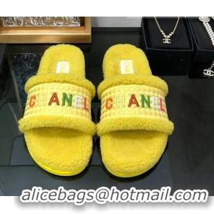 Discount Chanel Shearling Flat Slide Sandals Yellow 082465