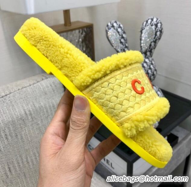 Discount Chanel Shearling Flat Slide Sandals Yellow 082465