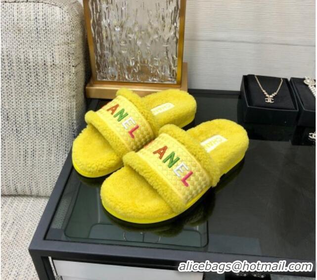 Discount Chanel Shearling Flat Slide Sandals Yellow 082465