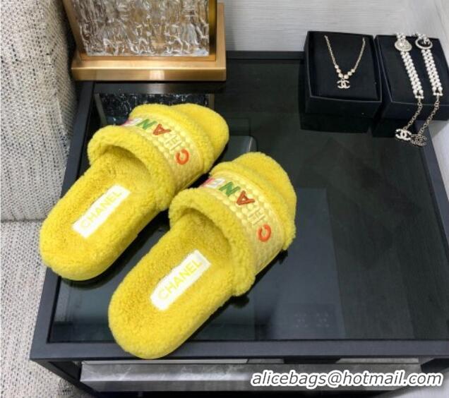 Discount Chanel Shearling Flat Slide Sandals Yellow 082465