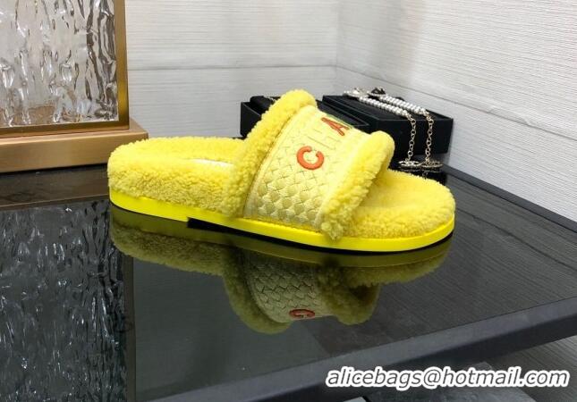 Discount Chanel Shearling Flat Slide Sandals Yellow 082465