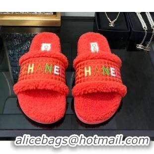 Sophisticated Chanel Shearling Flat Slide Sandals Red 082466